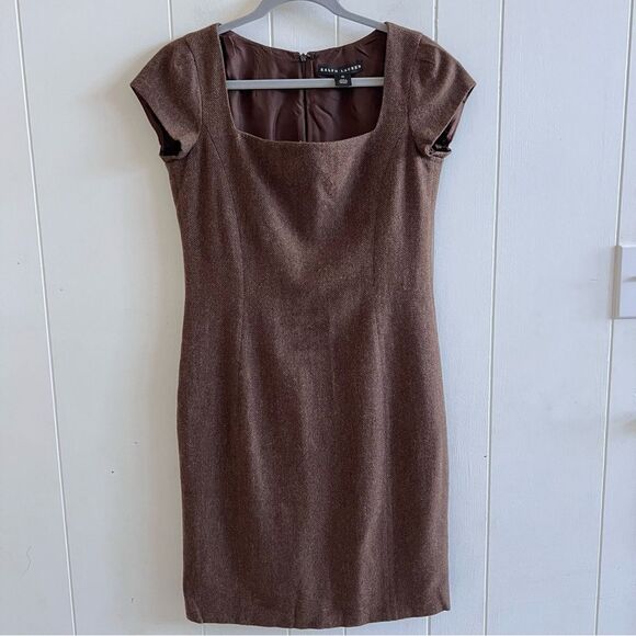 RALPH LAUREN Black Label Brown Herringbone Lambswool Sheath Dress - Picture 1 of 12